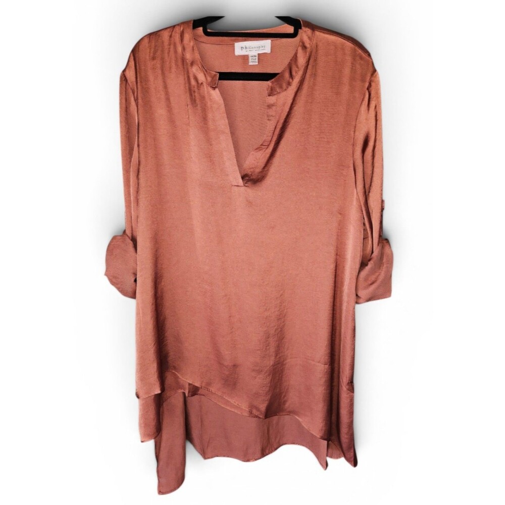 Philosophy Tunic Blouse, Womens Plus Size 1X Copper Hi Low Satin